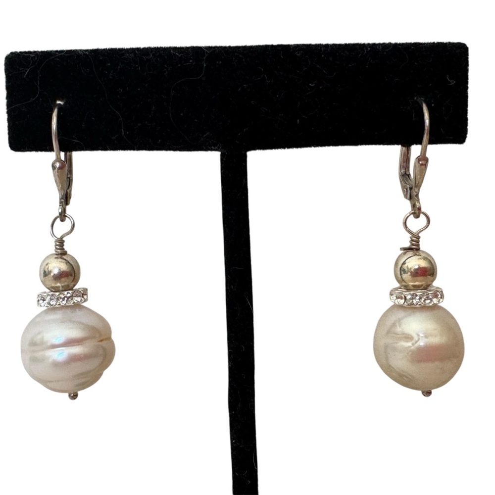 925 Sterling Silver Baroque Pearl Diamond Crystal Drop Earrings NEW - Picture 2 of 12